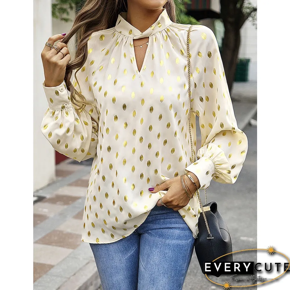 Khaki Notched Neck Pleated Cuffs Long Sleeve Tops