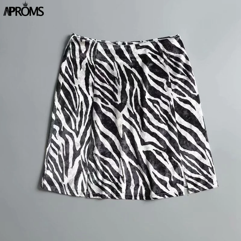 Aproms Vintage Zebra Print Soft Velvet Skirt Women Sexy Side Split High Waist Short Mini Skirts Female Back Zipper Bottoms 2022
