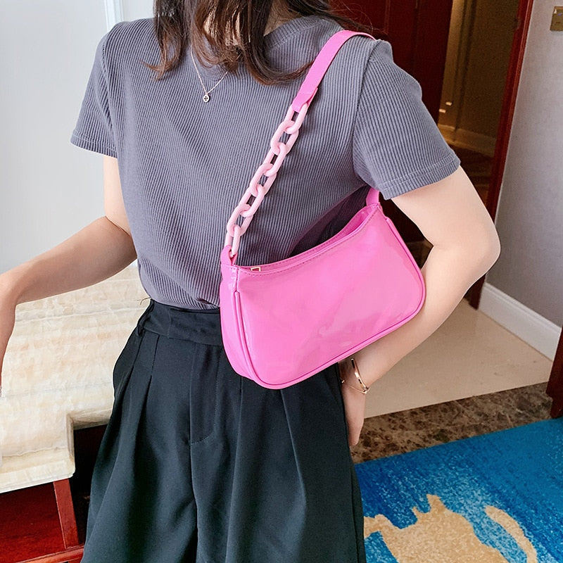 Llyge Women Bright Skin Shoulder Crossbody Bags Candy Color Saddle Bag Chains Messenger Female Handbag Totes Bolsa Feminina Purse llyge