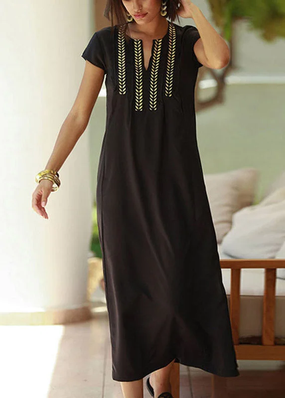 Casual Black Gold Embroideried Floral Long Beach Dresses Summer