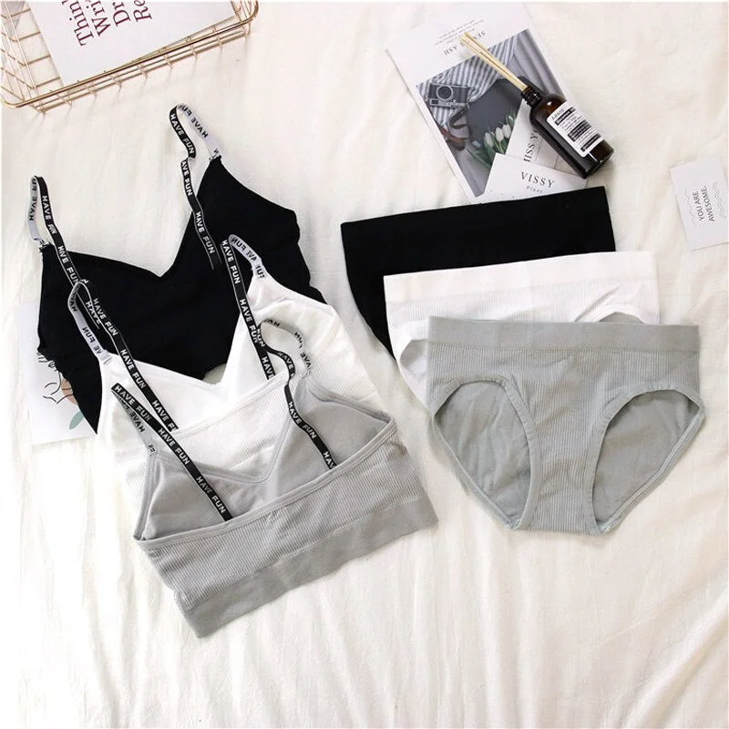 Sexy women's bra underwear set push-ups sports bra set letter transparent strap active bra female underwear set top fitness unde