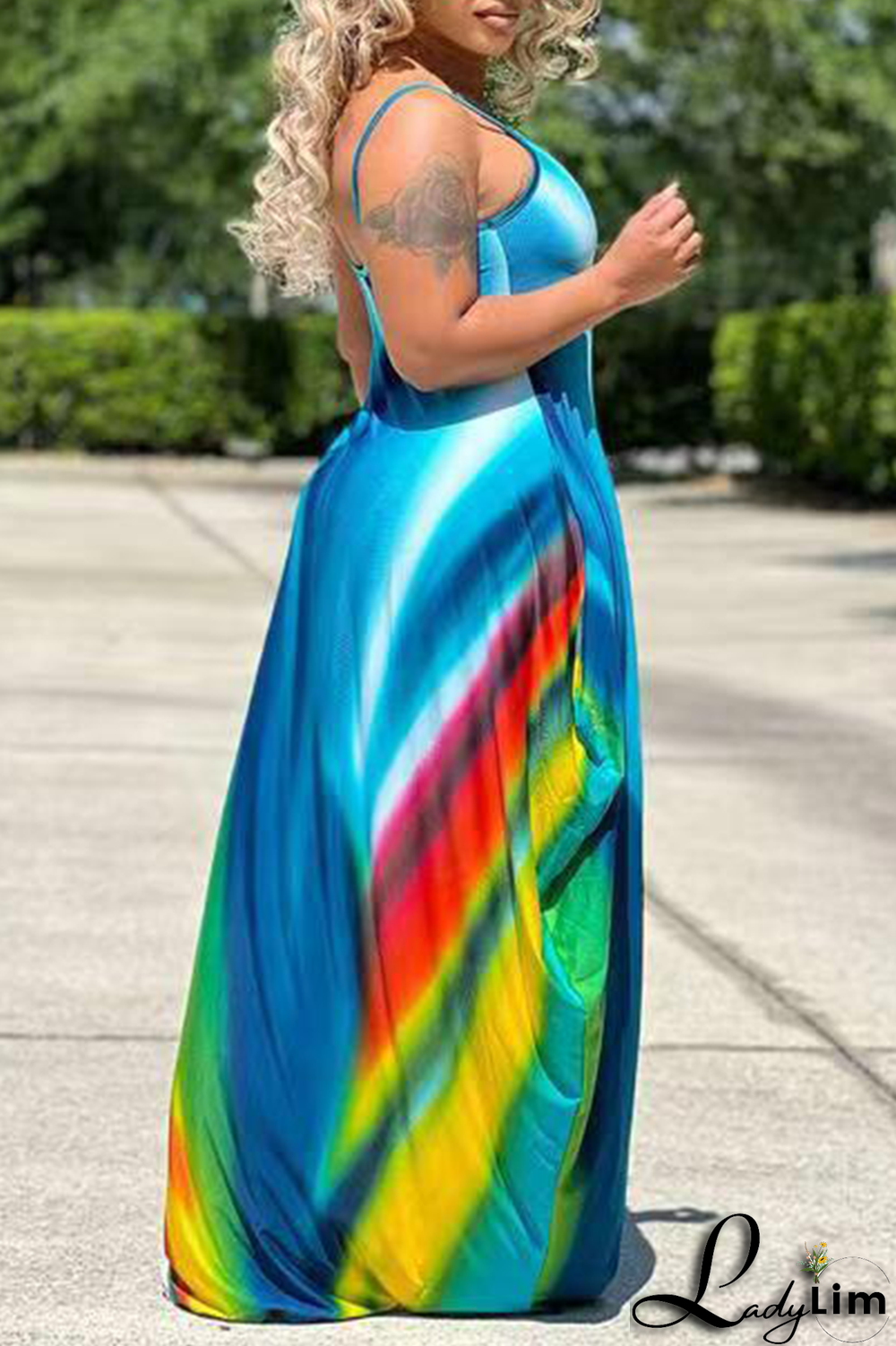 Sky Blue Sexy Print Split Joint Spaghetti Strap Straight Dresses