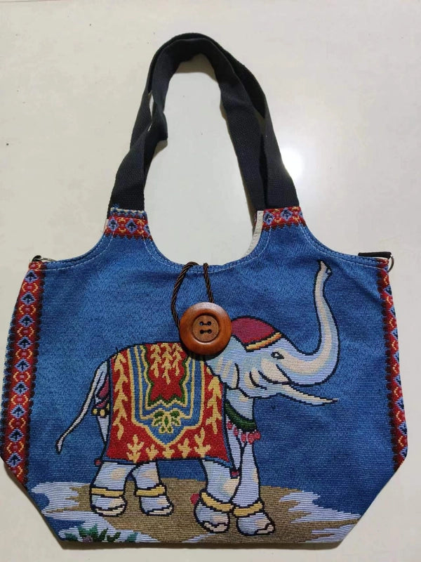 Women’s Large Canvas Elephant Ethnic Style Square Zipper Shoulder Bag