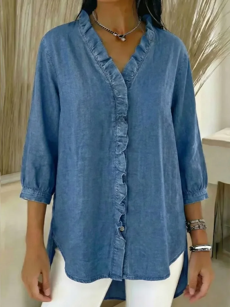 Women's Casual Denim V-Neck Ruffled Shirt socialshop