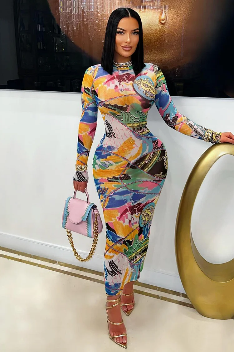 Print Long Sleeve Mock Neck Bodycon Party Maxi Dresses-Multicolor