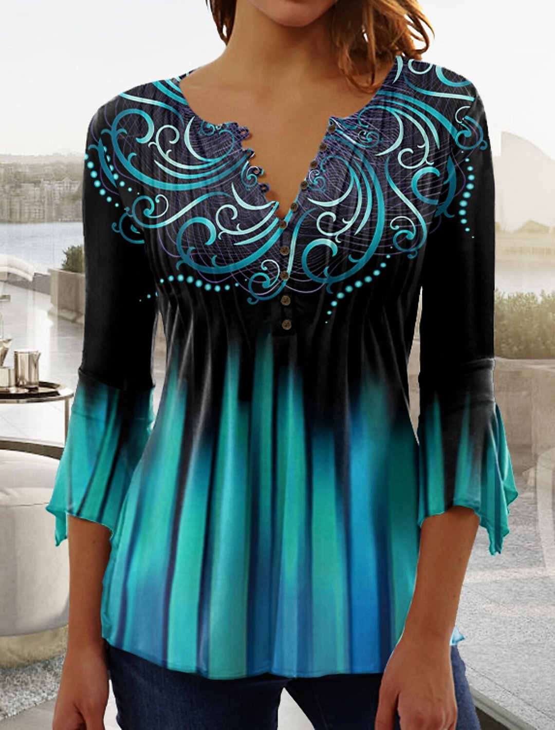 Women's 3/4 Sleeve V-neck Graphic Floral Printed Top