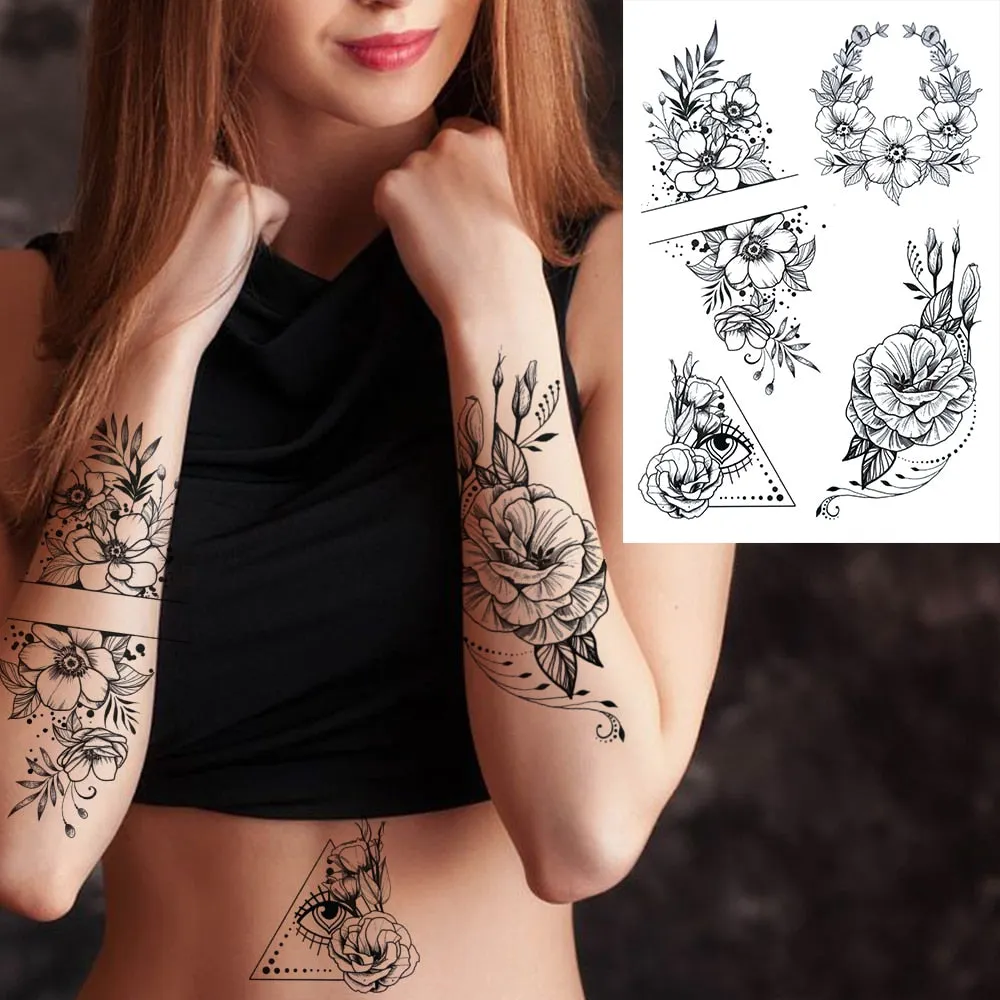 3D Flower Triangle Temporary Tattoos For Women Girl Fake Wolf Deer Geometry Tattoo Sticker Peony Dahlia Body Art Adults Tatoos
