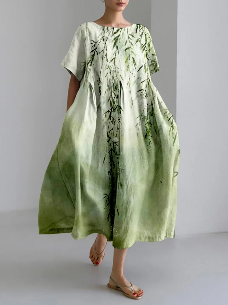 Comstylish Bamboo Art Pattern Linen Blend Comfy Maxi Dress