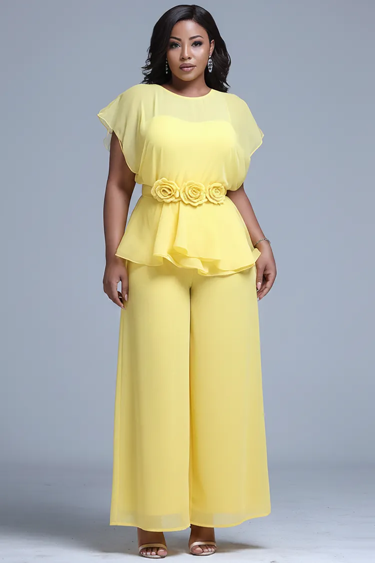 Xpluswear Design Plus Size Mother Of The Bride Yellow Round Neck Short Sleeve 3D Wide Leg Chiffon Two Piece Pant Sets [Pre-Order] 2024 - Xpluswear