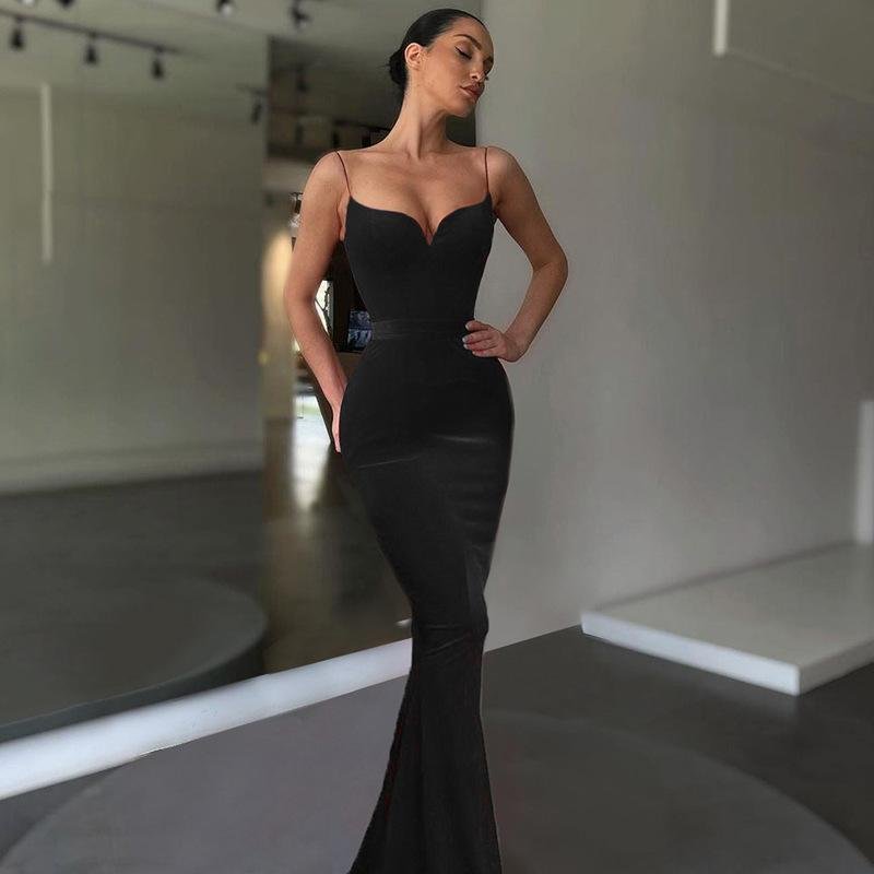 Neosepa-Stylish Deep V Neck Sleeveless High Waist Retro Velvet Plain Mermaid Gown