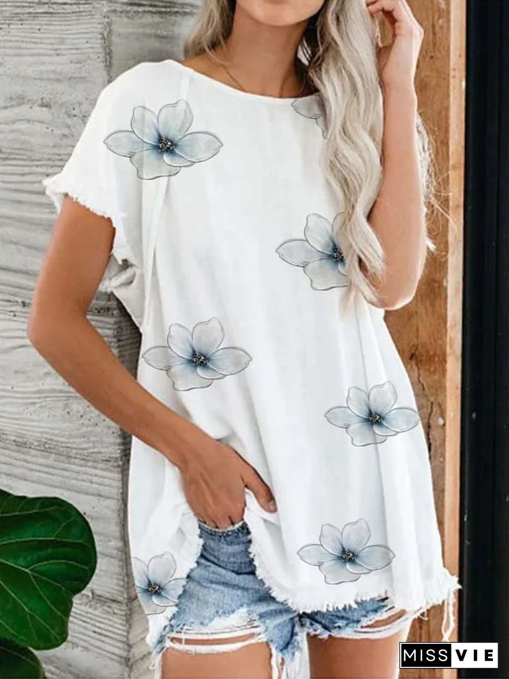 Cotton-Blend Casual Floral-Print Crew Neck Tops