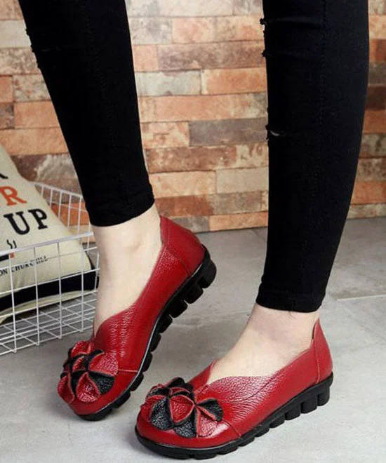 Red Flat Feet Shoes Cowhide Leather Vintage Splicing