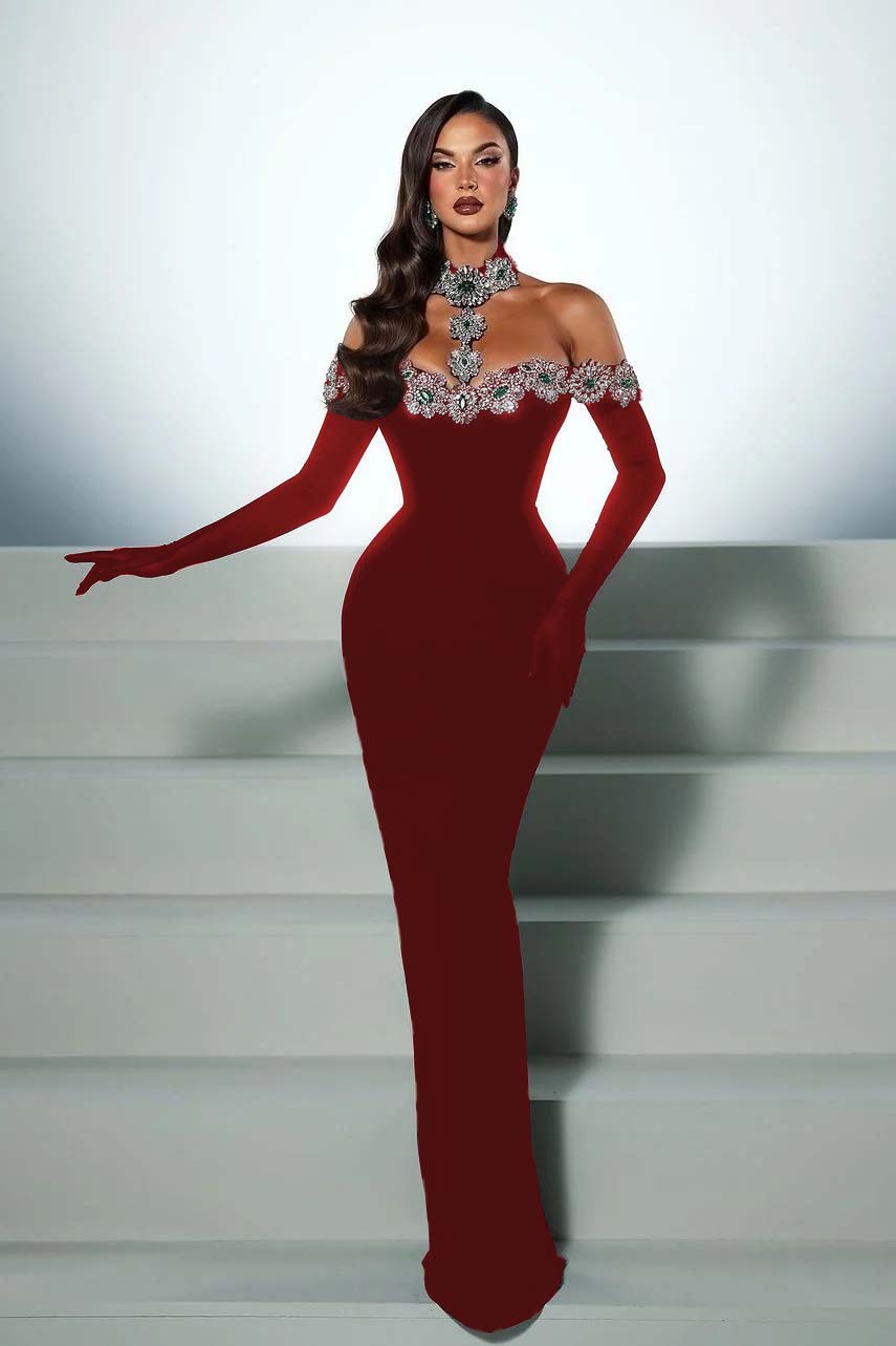 Oknass Halter Off the Shoulder Long Sleeves Long Mermaid Prom Dress With Beading