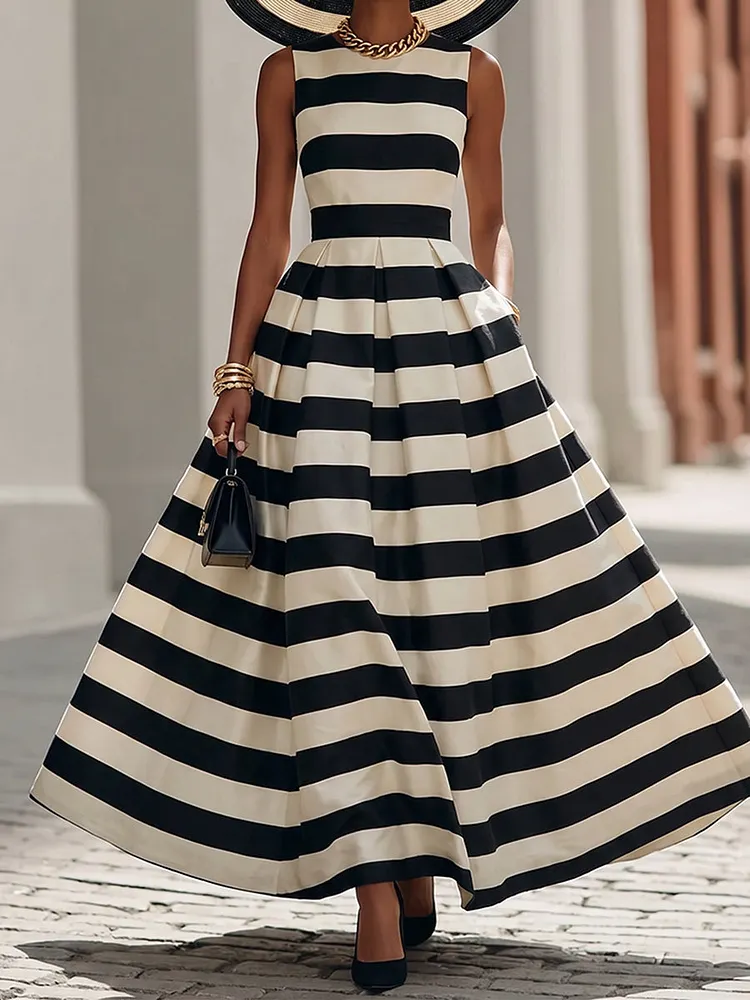 Elegant Black And White Striped Maxi Dress