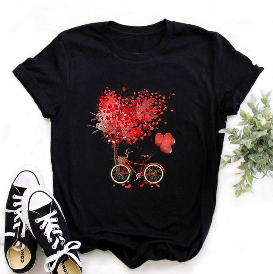Bicycle Heart Tree Women Black T Shirt Girl Harajuku Korean Style Graphic Tops 2021 Kawaii Female T-shirt,Drop Ship