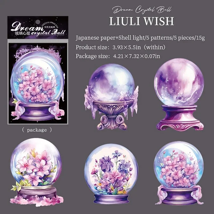 Journalsay 5 Sheets Dream Crystal Ball Series Vintage Flower Shell Light PET Sticker