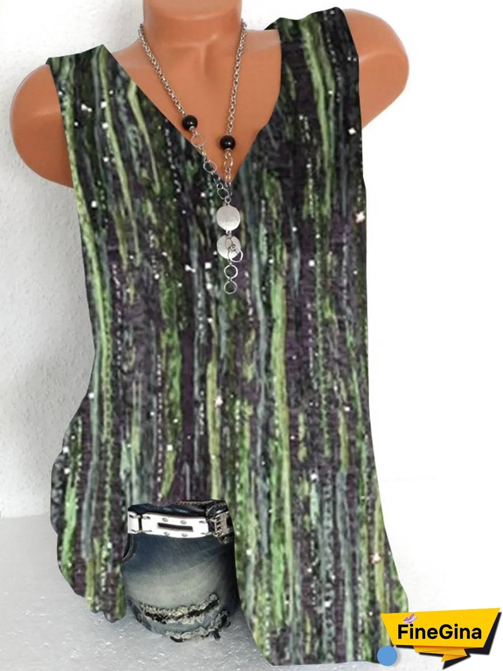 Women Sleeveless V-neck Striped Gradient Top