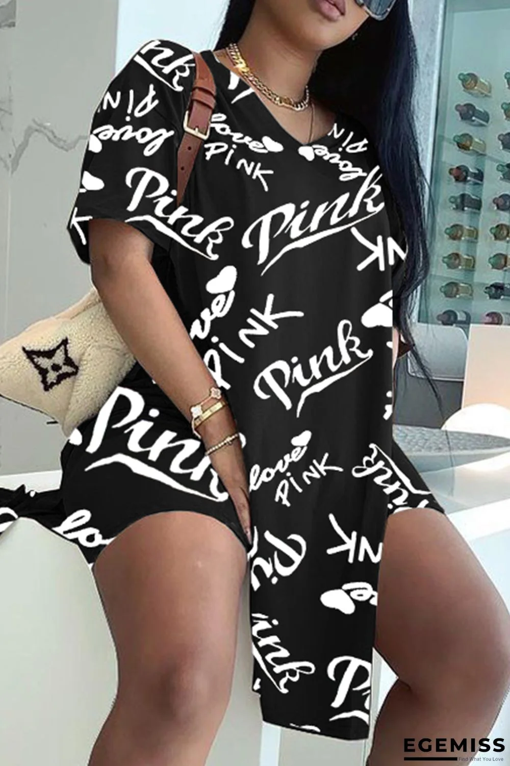 Black Fashion Casual Letter Print Slit V Neck Short Sleeve Two Pieces | EGEMISS