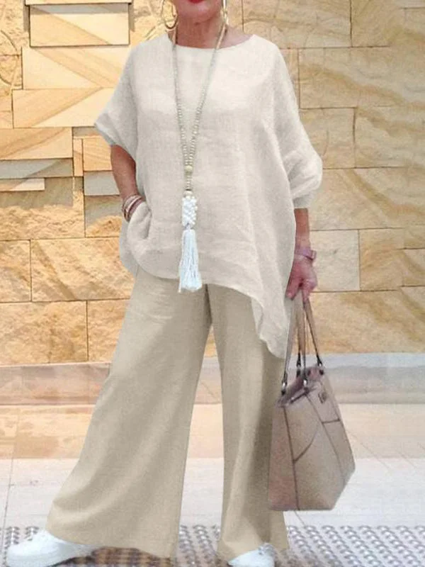 Women's Casual Large Size Asymmetrical Long Sleeve Suit Wide Leg Pants Two-Piece Set