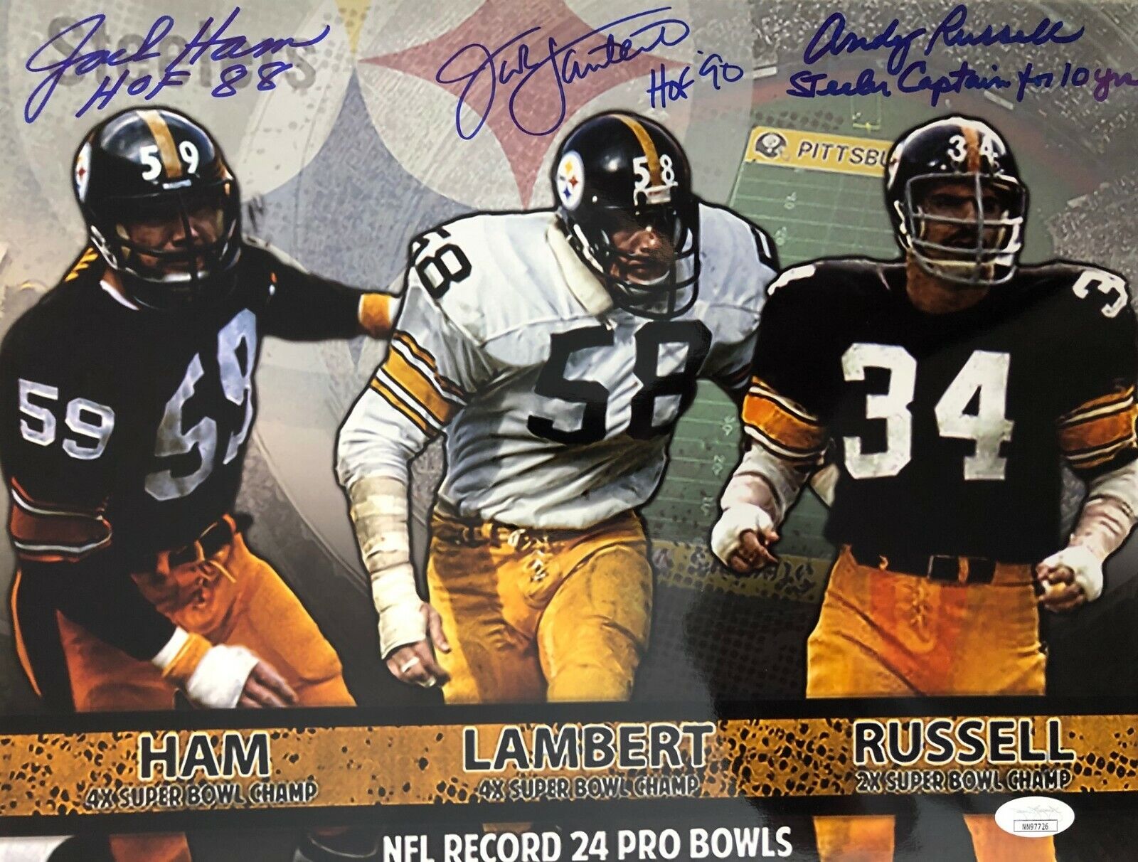 Signed Jack Lambert, Jack Ham & Andy Russell Pittsburgh Steelers 11x14 JSA COA