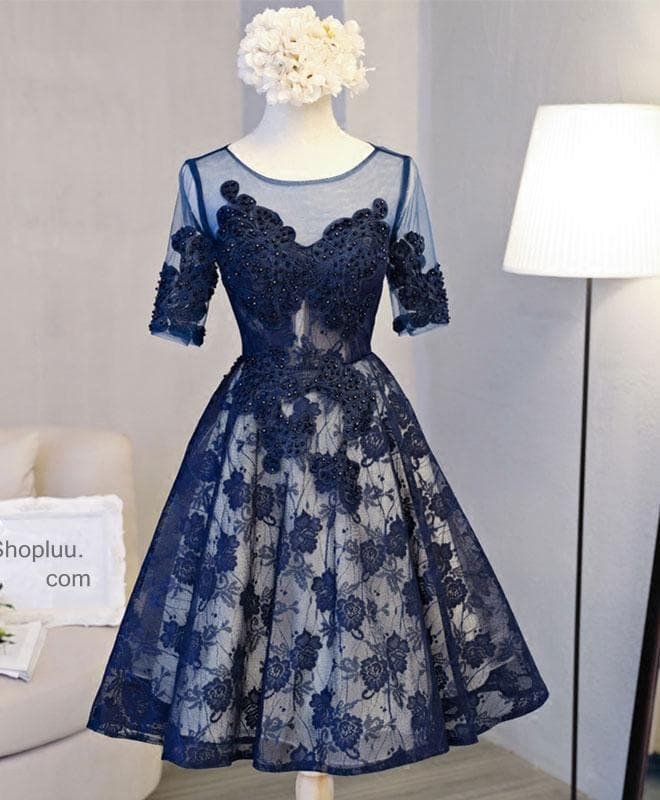 Cute Dark Blue Lace Short Prom Dress, Blue Homecoming Dress SP16303