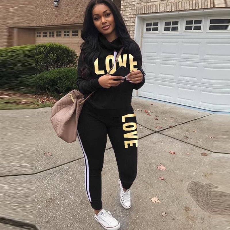 2 Piece Set Women Outfit LOVE Letter Print High Neck Hoodies Sweatshirt Pants Tracksuit 2020 Plus Size Streetwear Casual Suit