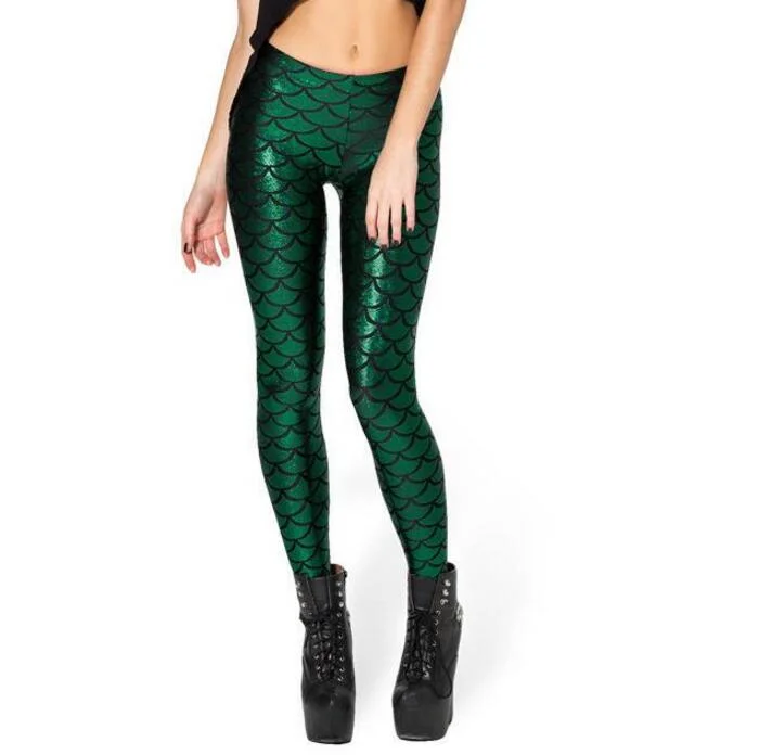 CUHAKCI Women Fish Scale Print Mermaid Leggings Push Up Stretch Shiny Pants Casual Trousers