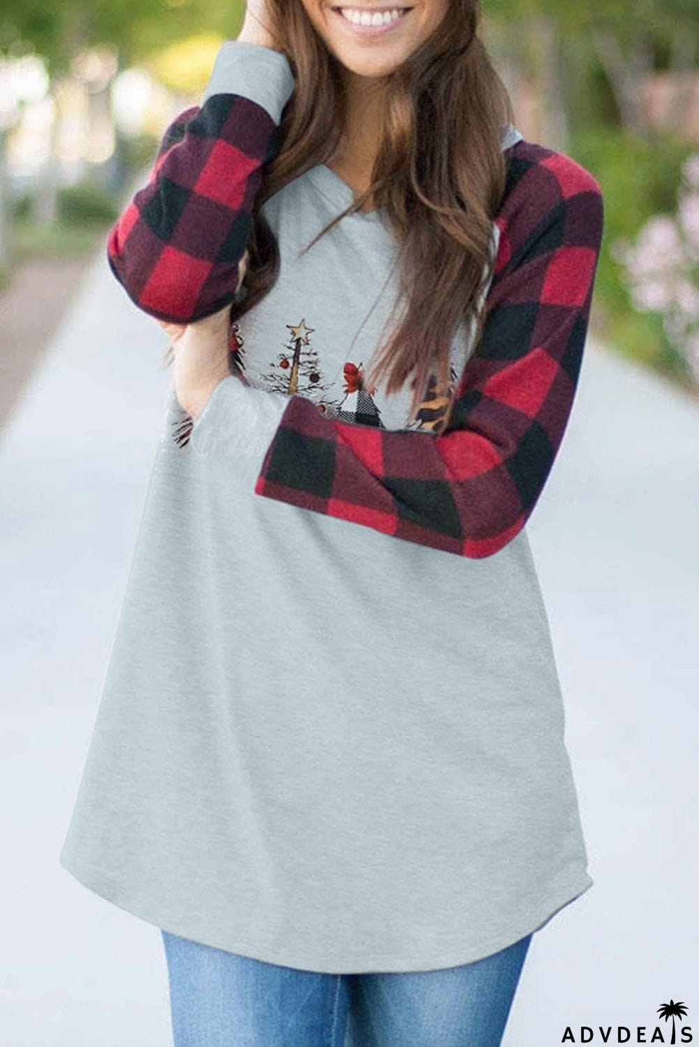 Christmas Pattern Plaid Splice Long Sleeve Top