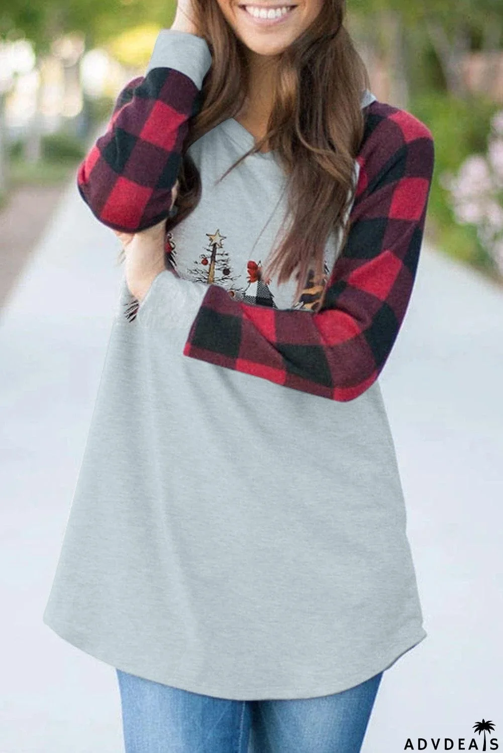 Christmas Pattern Plaid Splice Long Sleeve Top