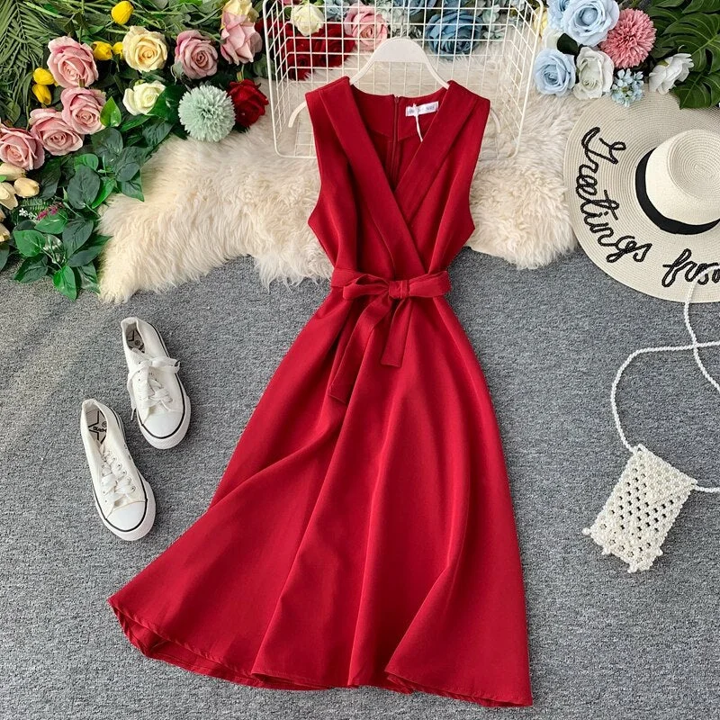 FTLZZ 2021 Slim V Neck Summer Midi Long Bandage Dress Party Tank Sundress Women Casual Elegant A-Line Tie Vestidos