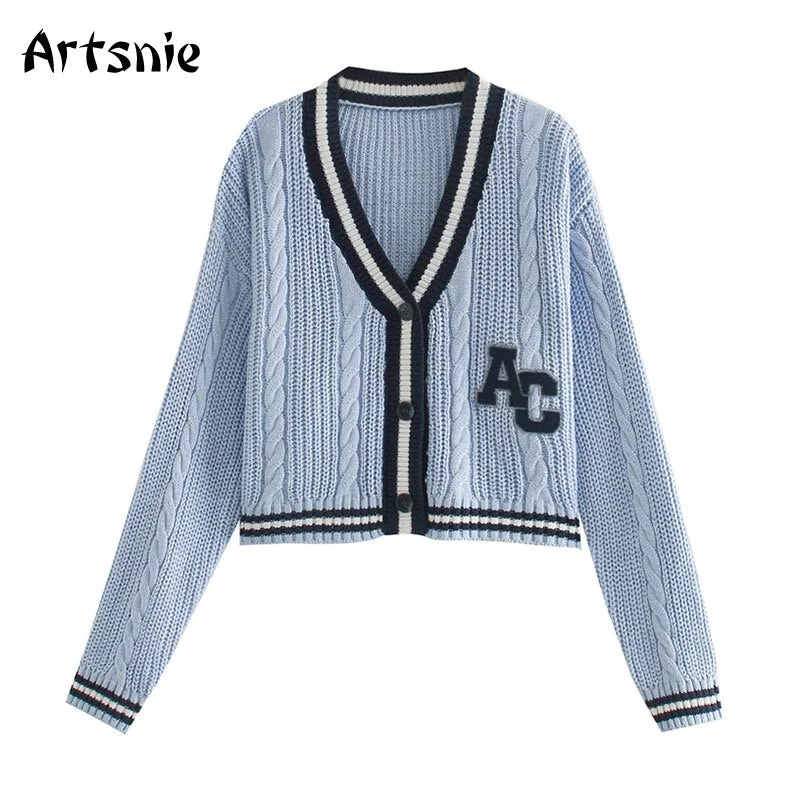 Artsnie Streetwear Striped Cardigans Women Single Breasted V Neck Long Sleeve Pull Femme Sweater Spring 2021 Casual Cardigans