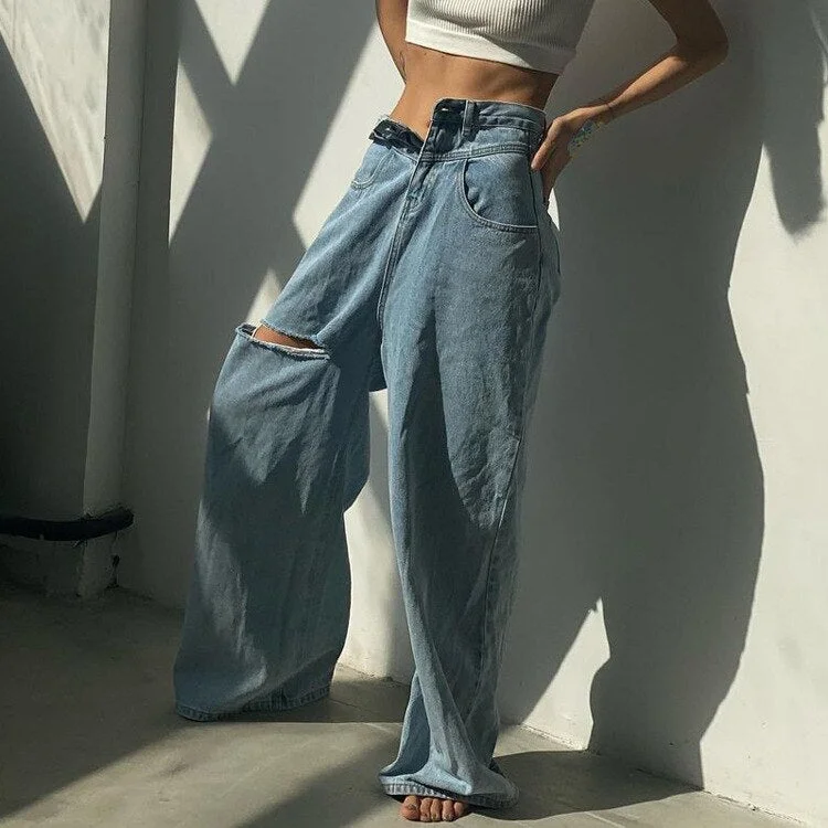 Peneran back to school Women's Jean Y2k Clothes Denim Pants Hollow Out Wide Leg Pants Streetwear Outfits Trousers Blue Jeans High Waist Pants for Women