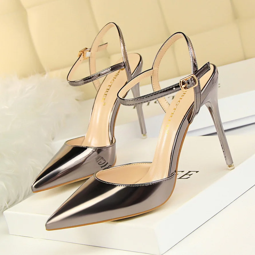 Colourp Colourp Simple Thin Heel Ultra High Heel Shallow Pointed Patent Leather Sexy Nightclub Show Thin A Word With Female Sandals