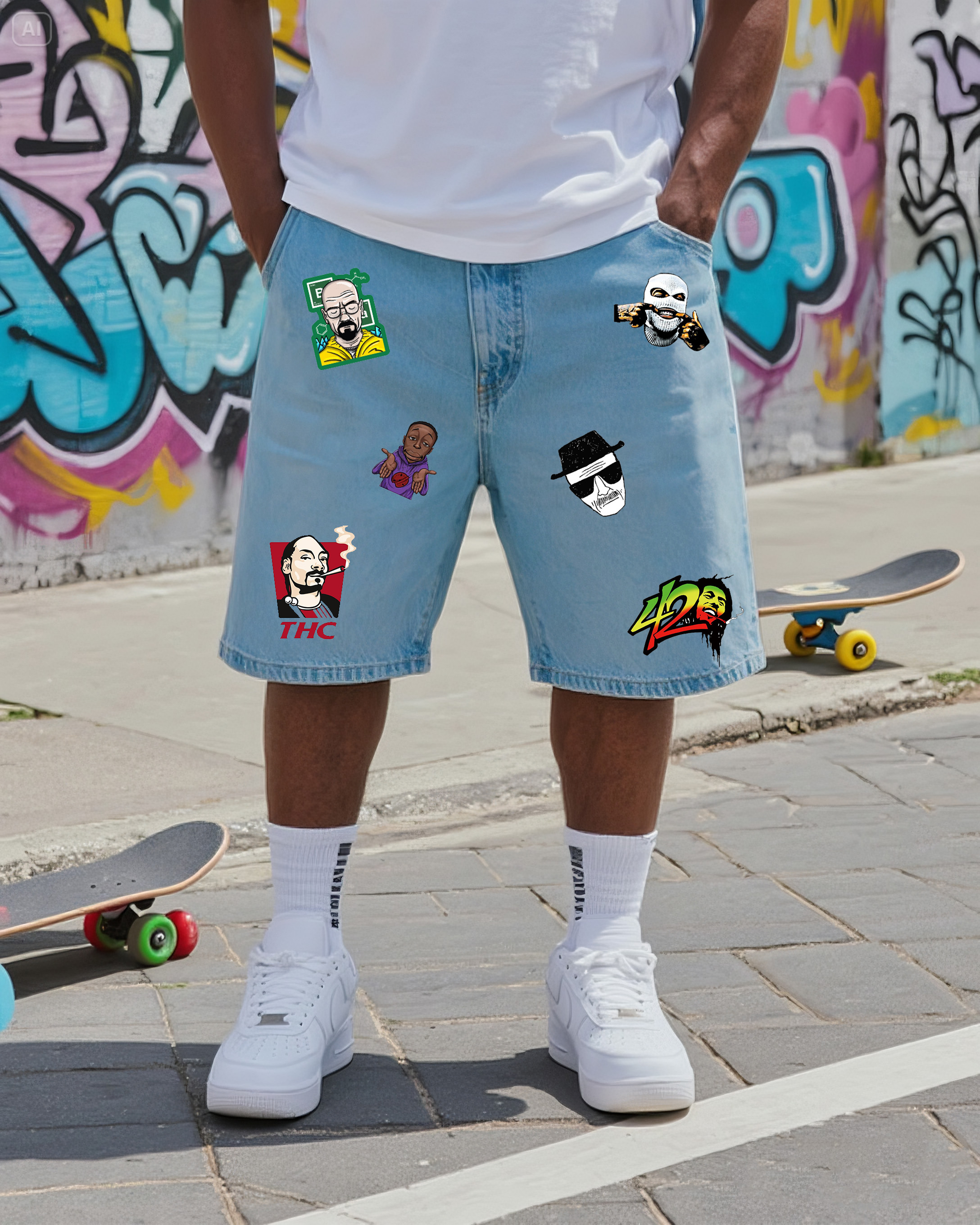 Big & Tall Men's Y2K Fashion Street Celebrity Art Stamping Shorts Jeans