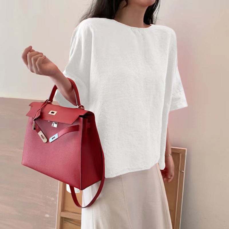 wearshes Casual Round Neck Loose Linen Blend Solid Color T-Shirt