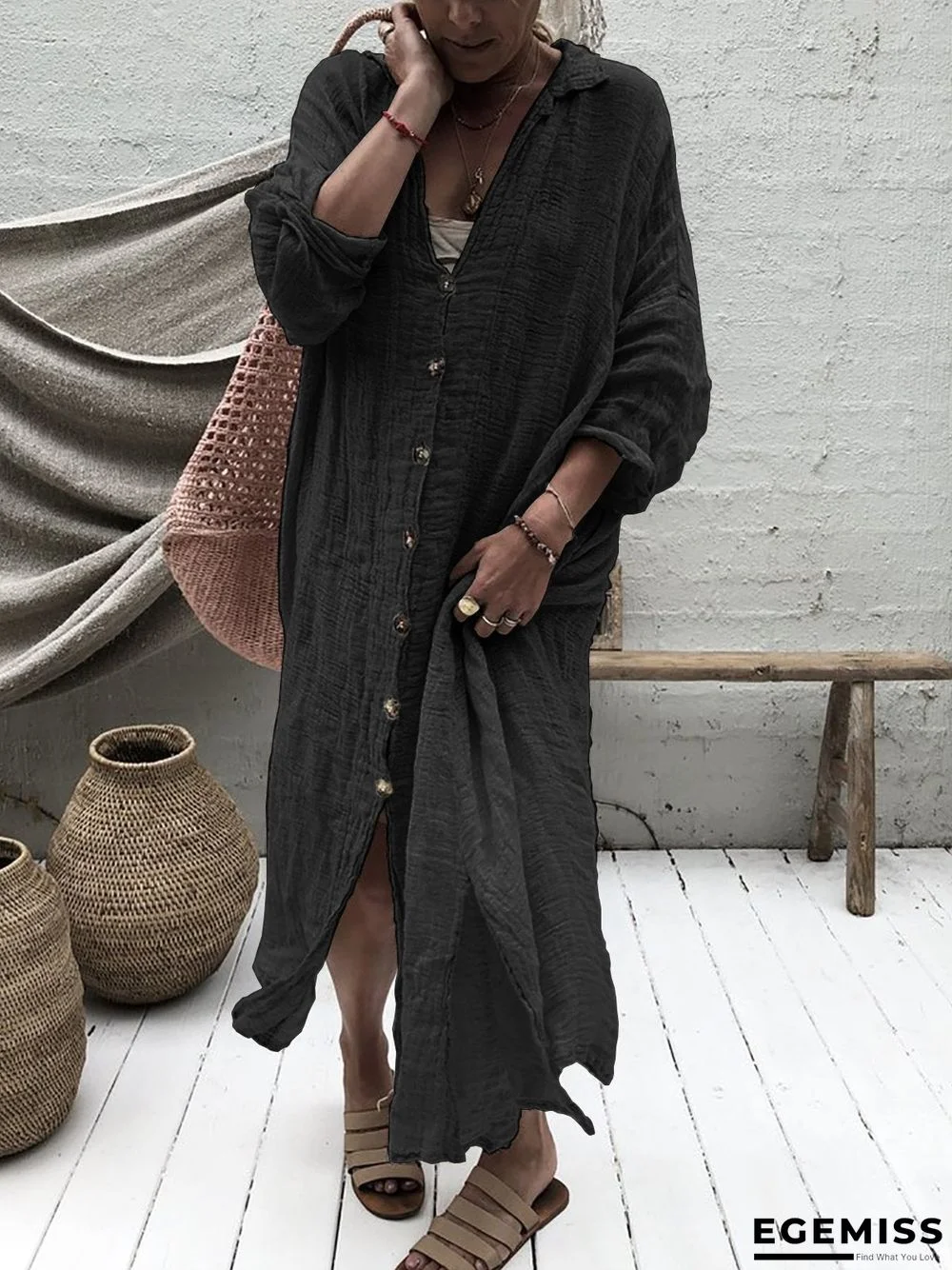 Solid 3/4 Sleeve V Neck Cotton Fall Dresses Linen | EGEMISS