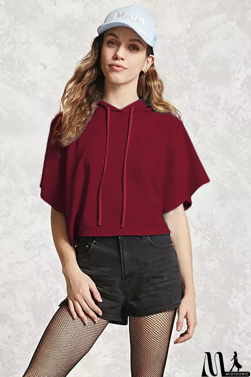 MidiSono - Solid Drawstring Hooded Sweatshirt With Short Sleeves