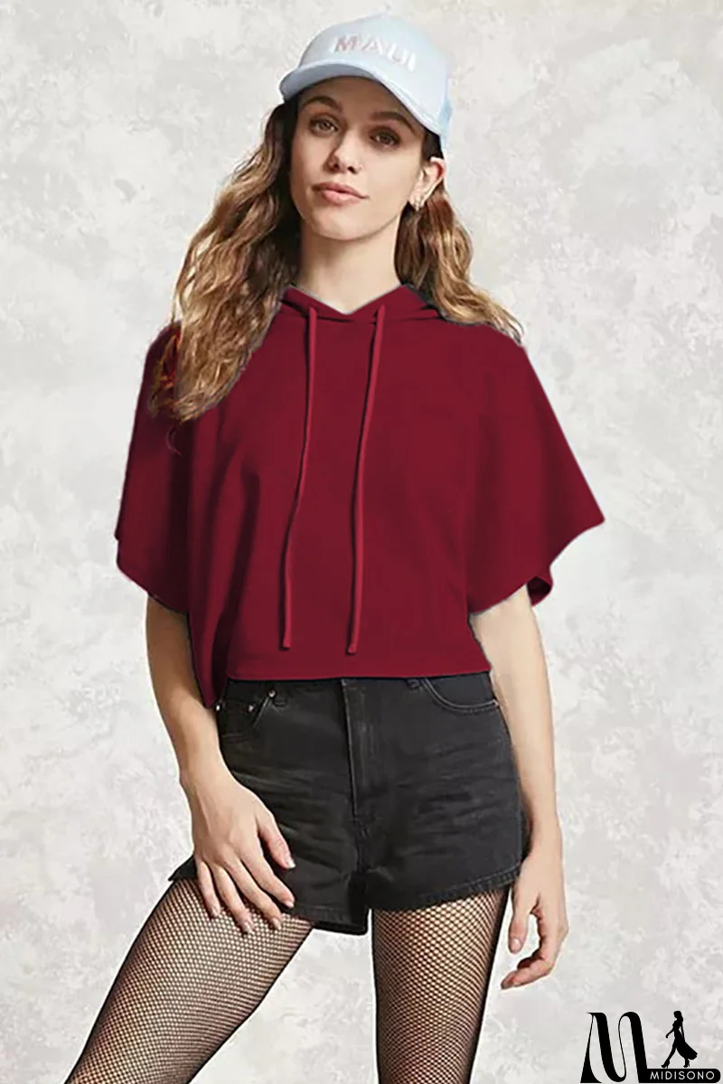MidiSono - Solid Drawstring Hooded Sweatshirt With Short Sleeves