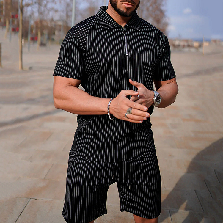 BrosWear Zipper Stand Collar Striped Print Short Sleeve Polo Shirt And Short Co-Ord