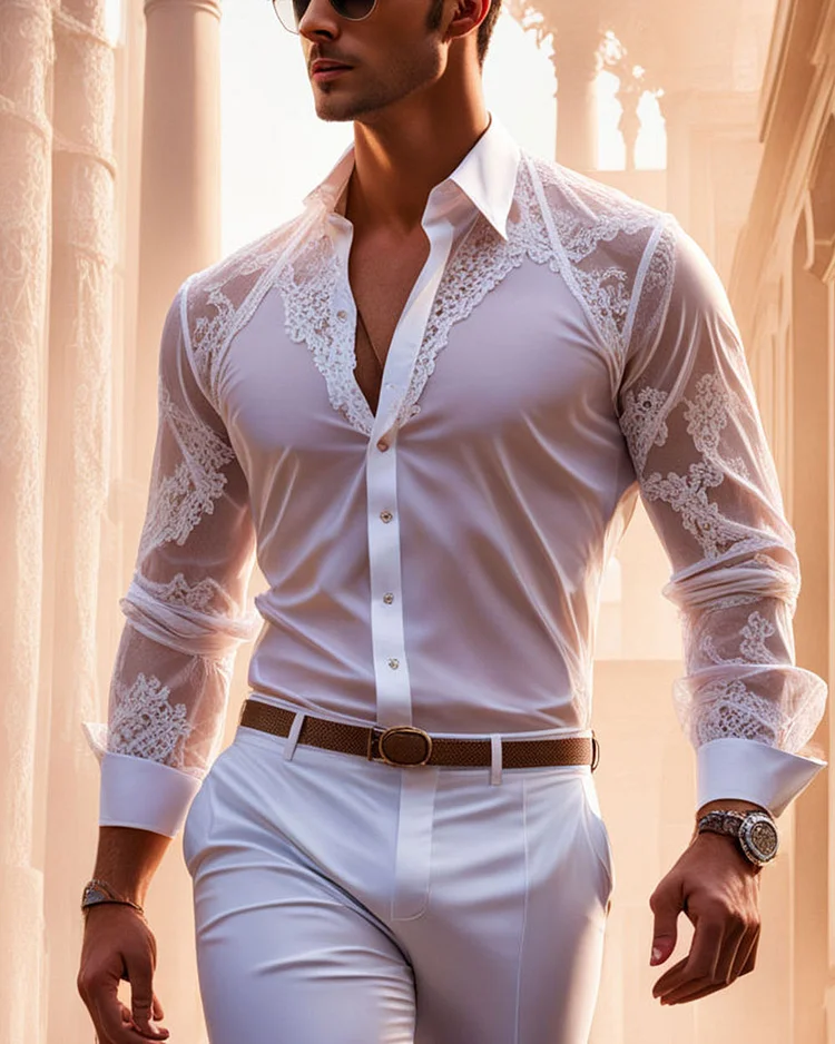 Men's White Lace Long Sleeve Shirt