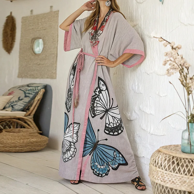 Utbros Women's Butterfly Art Linen V-neck Robe