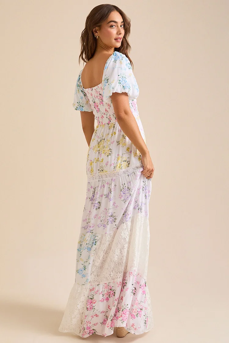 Ditsy Floral Print Puff Sleeve Lace Patchwork Maxi Dresses-White [Pre Order]