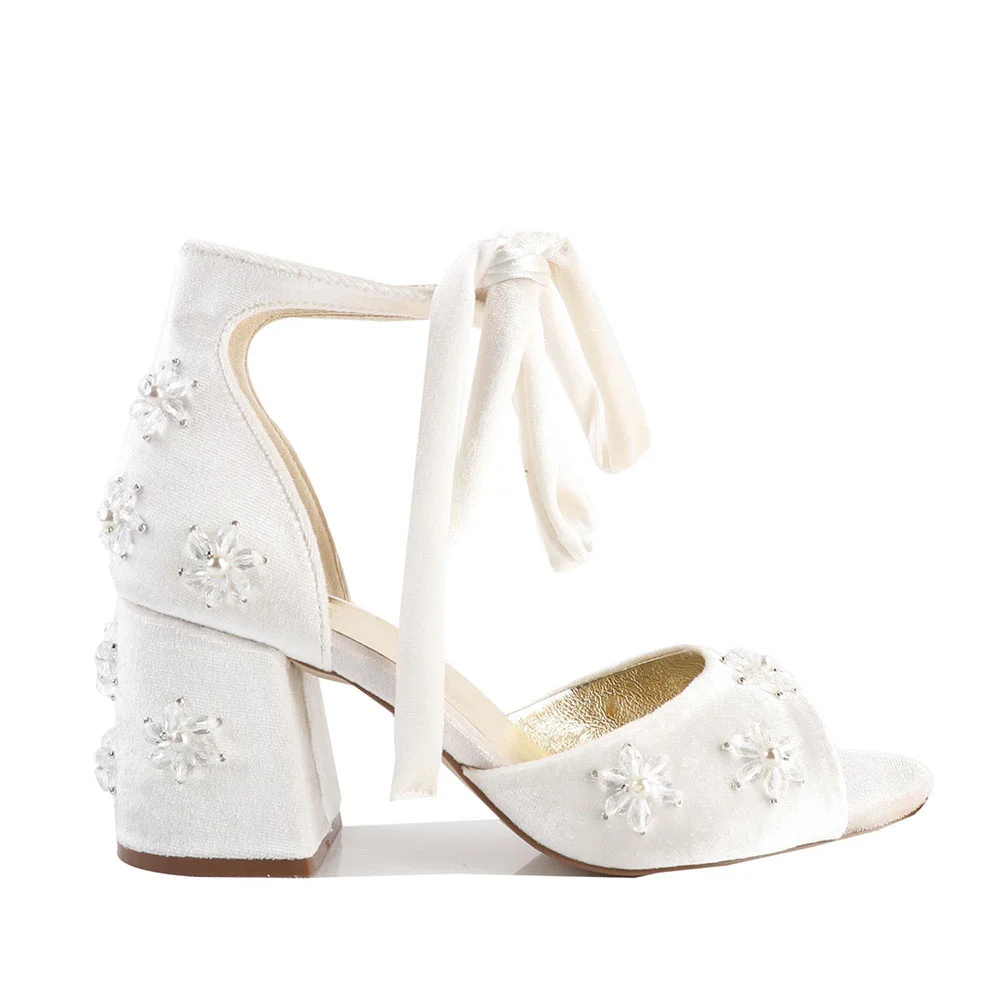 Ivory Textile Open Toe Pearl Floral Ankle Strap Wedding Heels Nicepairs