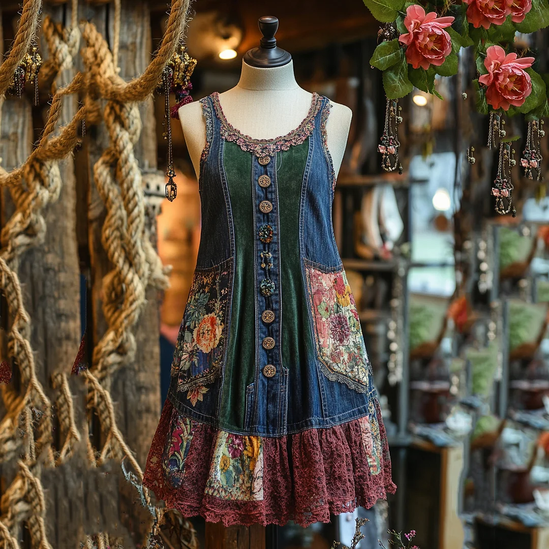 Vintage Denim Patchwork Lace Art Sleeveless Dress