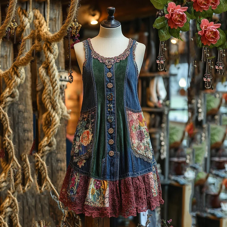 Vintage Denim Patchwork Lace Art Sleeveless Dress