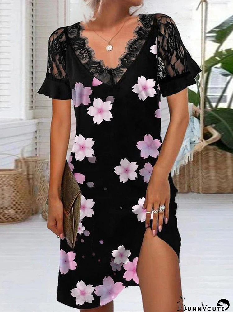 Dresses Lace Print V-Neck Short Sleeve Dress for Women