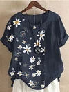 Plus Size Linen Daisy Print Short Sleeve Blouses (Without Necklace)