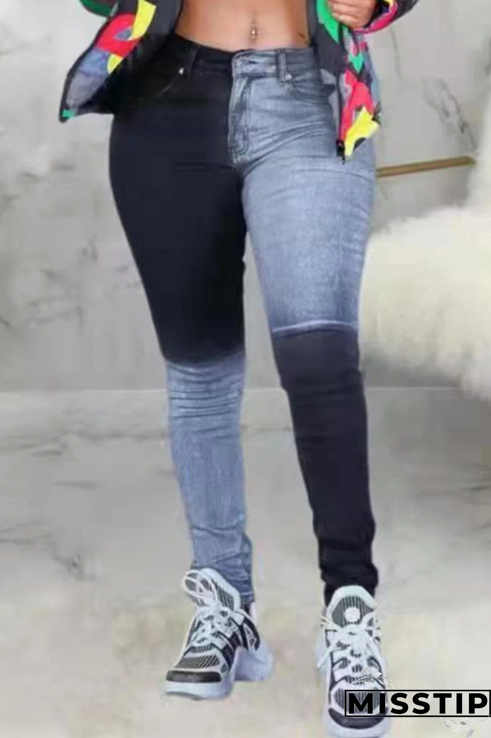 Black Casual Patchwork Contrast High Waist Regular Denim Jeans