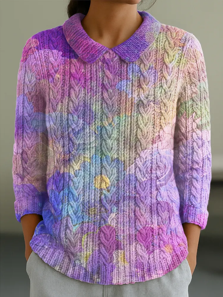 Womens Beautiful Colorful Flower Painting Art Print Casual Peter Pan Collar 3/4 Sleeve Sweater