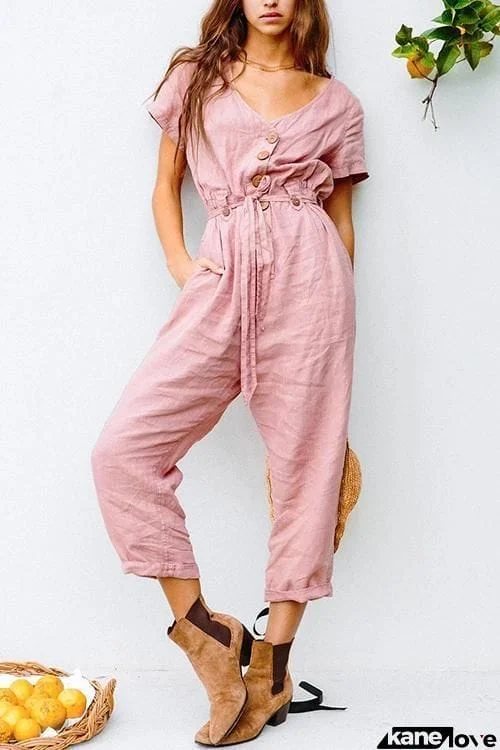 Button V Neck Short Sleeve Jumpsuit